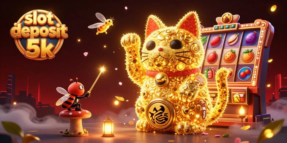 Engage with slot deposit 5k action amidst vibrant symbols and a lucky cat in a lively casino setting.
