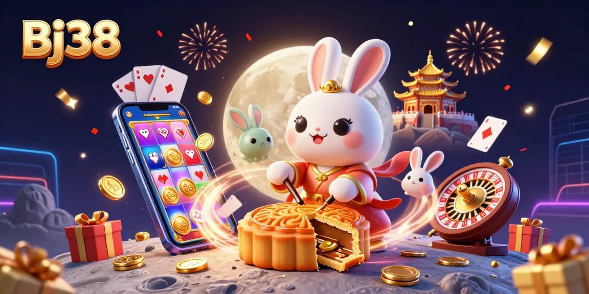 Bj38 offers exciting online gaming experiences, showcasing the moon rabbit and vibrant casino elements.