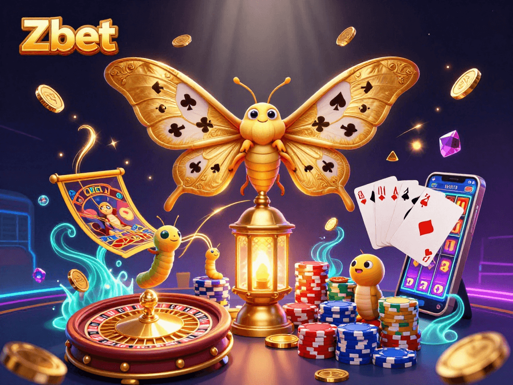 Zbet's vibrant casino world with a mythical moth surrounded by games and golden treasures