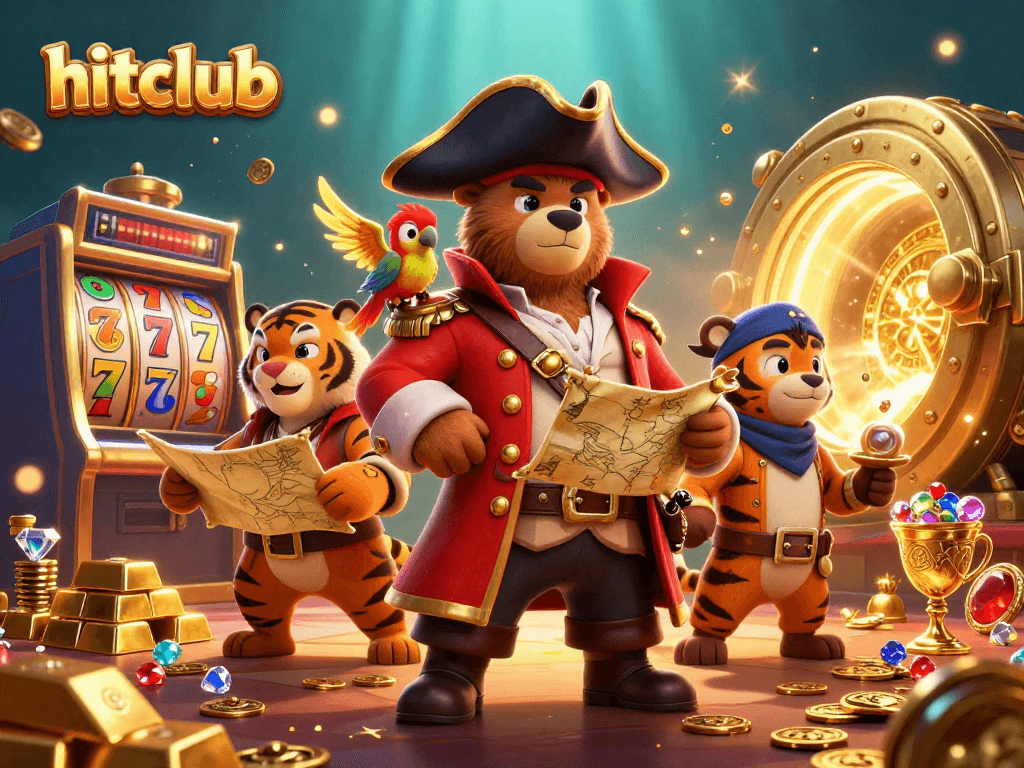 Hitclub's casino scene showcases pirate captain bear, tiger first mate, and treasure amidst colorful slot reels.