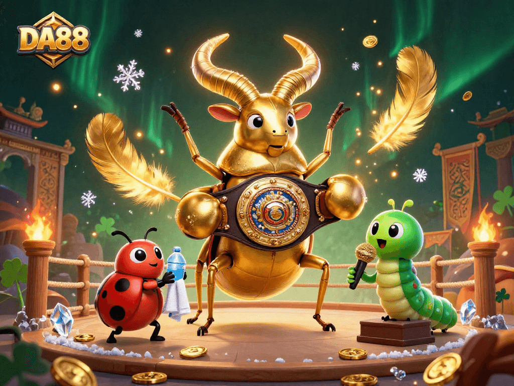 Engage with the dynamic DA88 casino scene featuring a giant stag beetle boxing champion surrounded by gold coins and gaming elements.