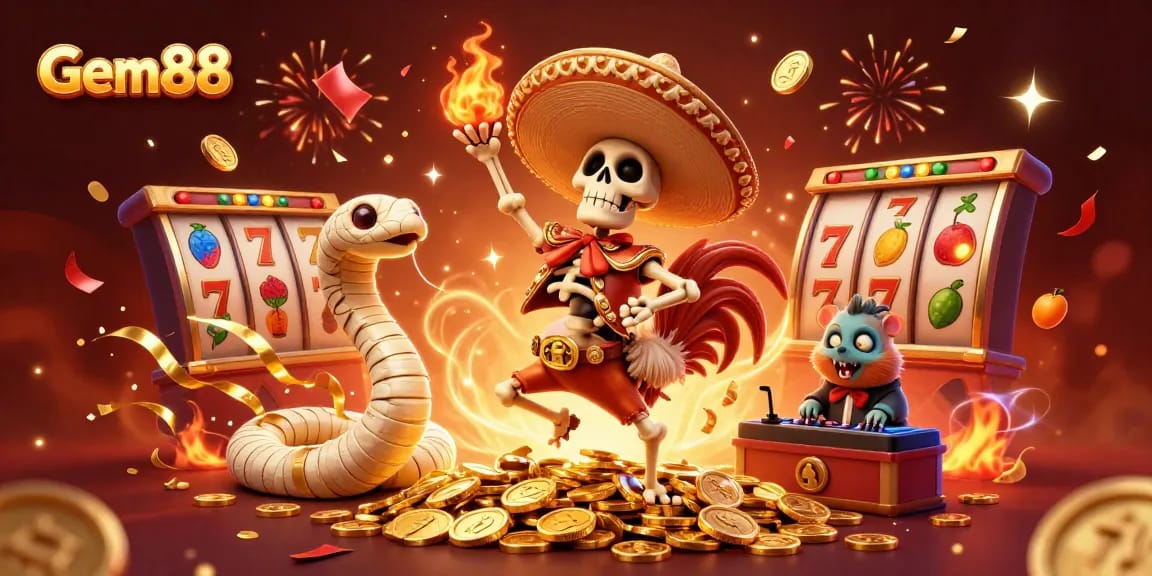 Spin the reels at Gem88, experiencing a festive 3D celebration with vibrant characters and casino elements.