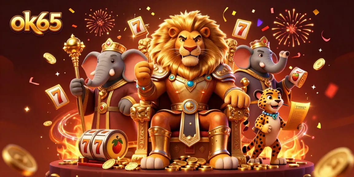 Engage in thrilling action at the ok65 casino with vibrant slot reels, lucky symbols, and royal characters.