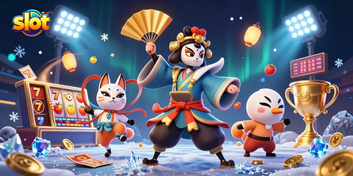 Spin the slot symbols with vibrant 3D animated characters in a lively casino scene.