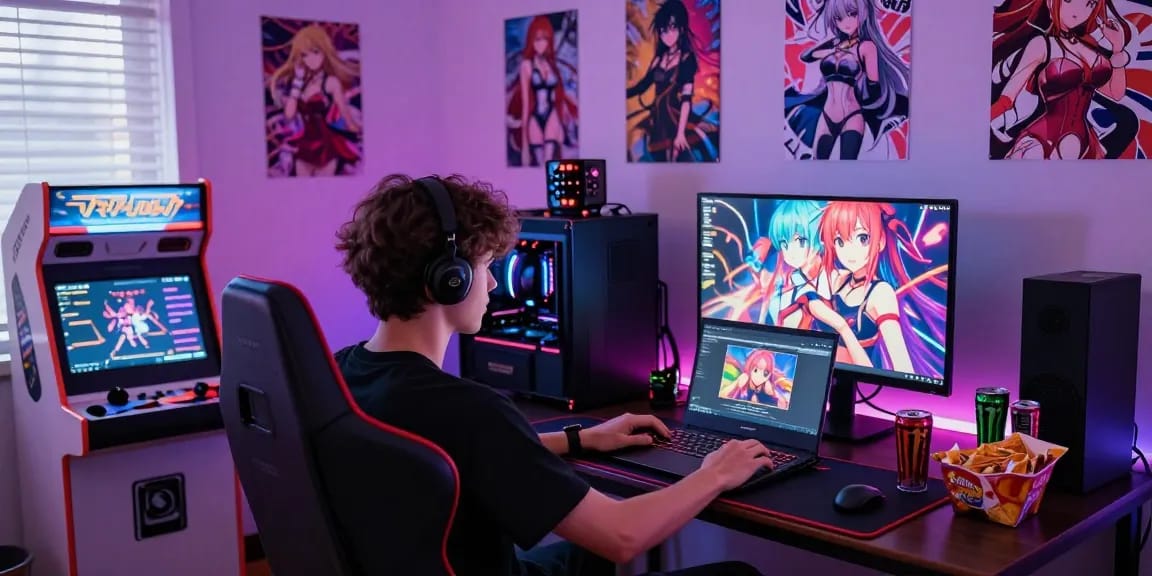 Young male gamer enjoying hentai games HTML in a vibrant gaming room.