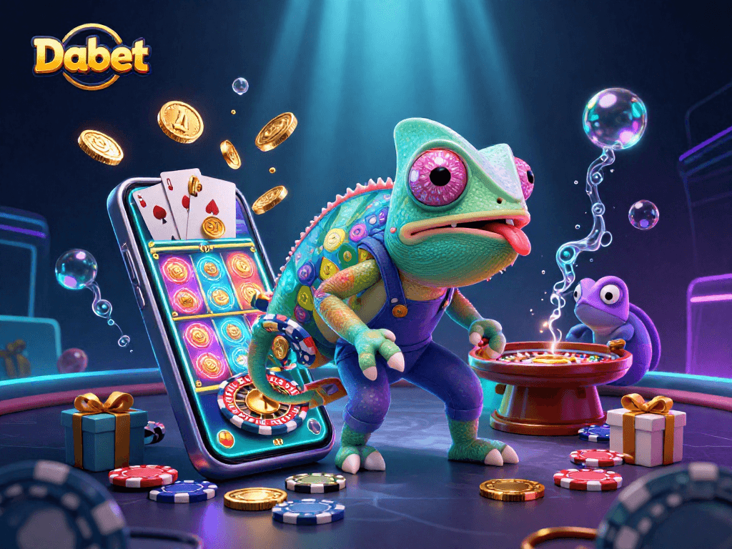 Dabet's vibrant casino world shines with colorful animations of gameplay, coins, and cards.