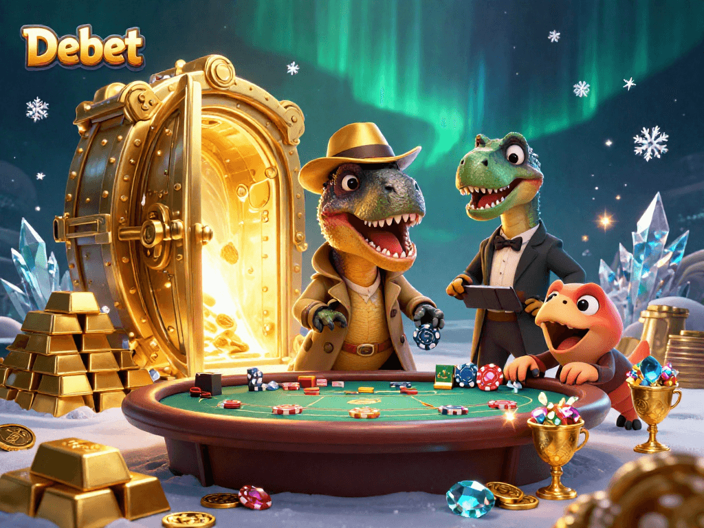 Debet card counter velociraptor at a blackjack table surrounded by gold and gems in a dynamic casino scene.