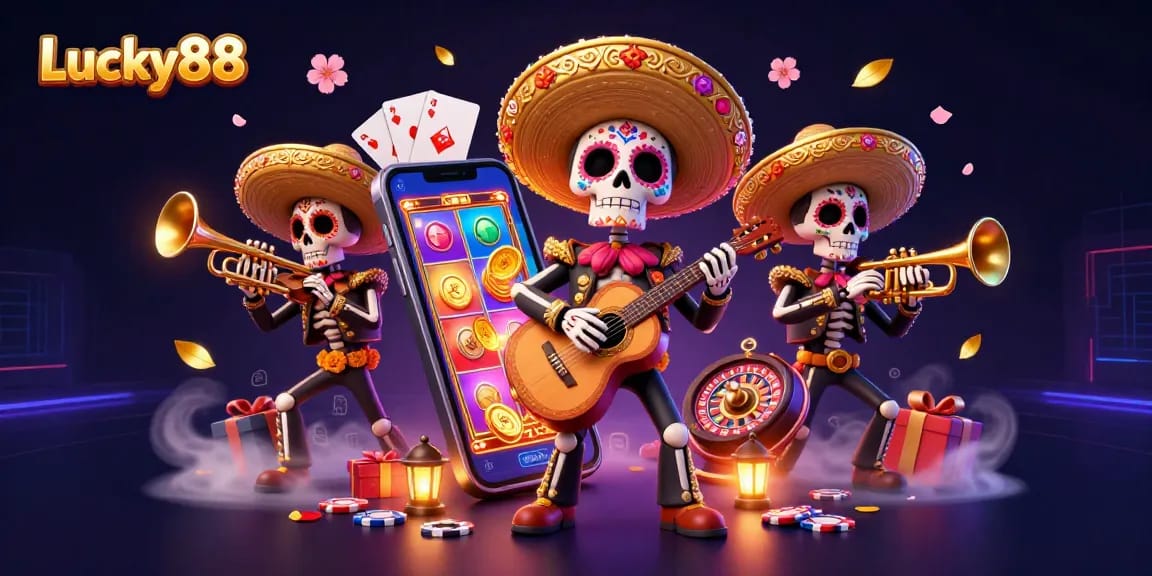 Engage with Lucky88's vibrant slot game action featuring mariachi skeletons in 3D illustration.