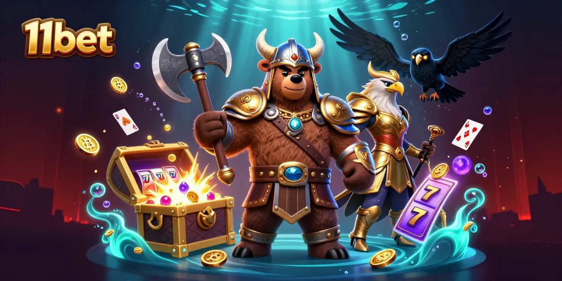 Engage with 11bet's thrilling casino experience featuring Viking characters amidst vibrant gaming elements.