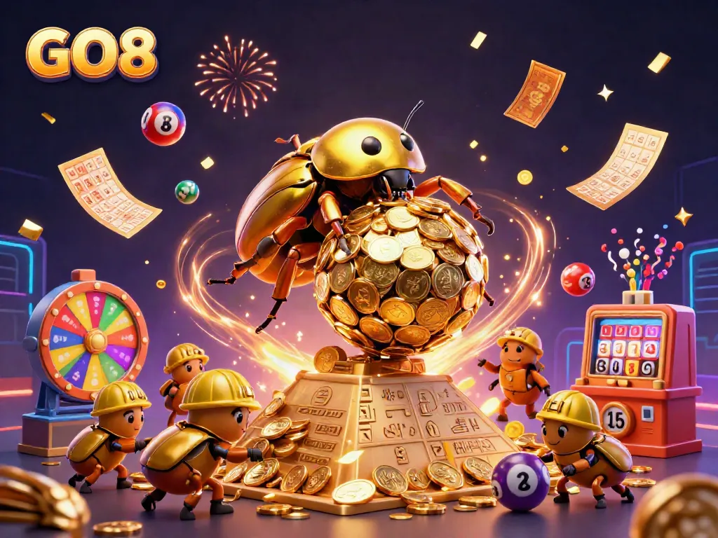 Experience the thrill of GO8 with golden beetles, coins, and dynamic lottery symbols in a vibrant casino scene.