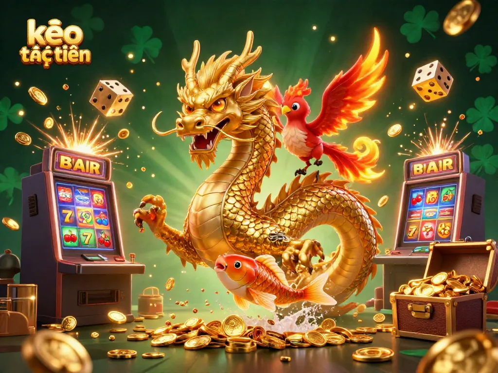 Join the exciting world of kèo trực tuyến with a powerful dragon and phoenix amidst a casino explosion of colors and coins.