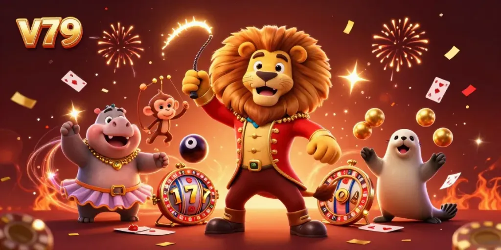 Experience thrilling gaming at v79 with a vibrant casino scene featuring lively characters and dynamic elements.