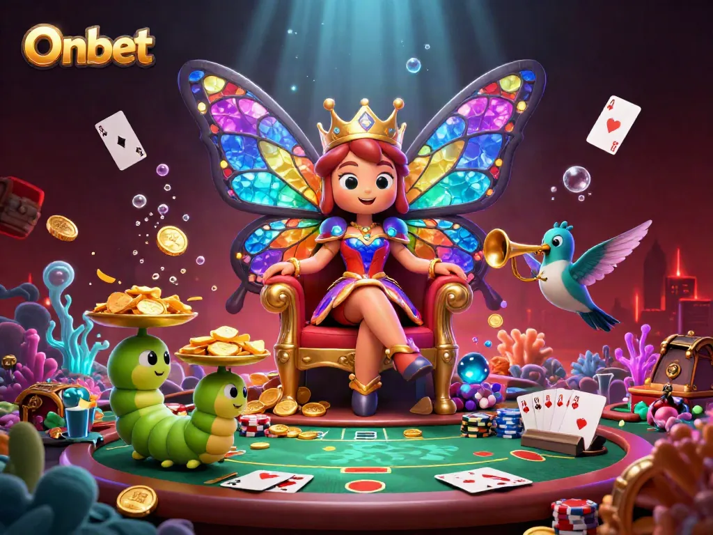 Onbet's thrilling gaming scene featuring a butterfly queen surrounded by poker elements.