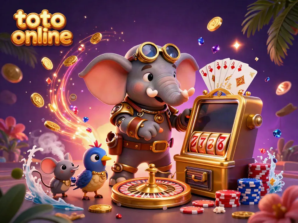 Engage with toto online through a vibrant 3D scene featuring a steampunk elephant at a slot machine surrounded by gems and casino elements.