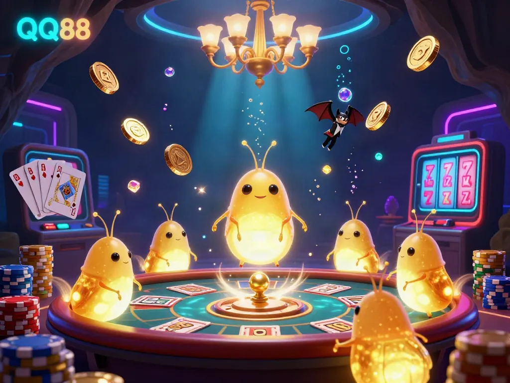 Experience QQ88's dazzling cave casino with glowing elements and vibrant game features.