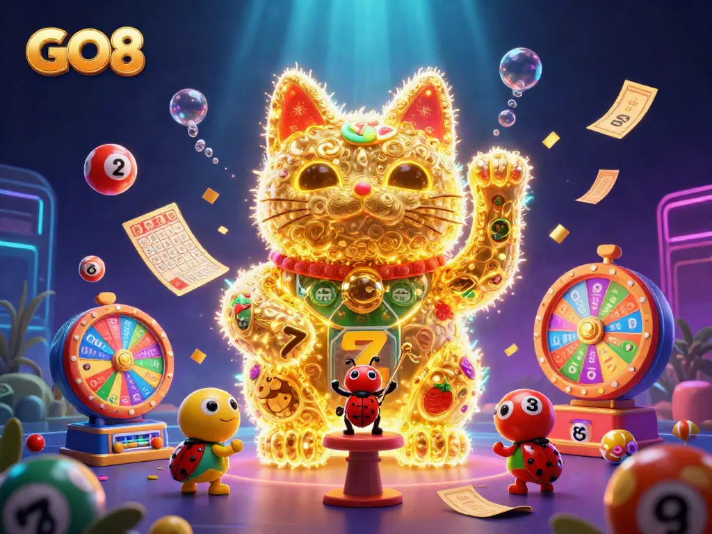 Engage with thrilling GO8 slots and lotteries in a vibrant, dynamic casino scene.