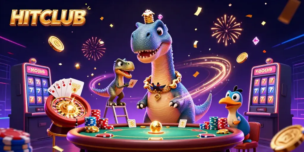 HITCLUB explodes with winning excitement featuring a brontosaurus, clever raptor, and vibrant casino elements.
