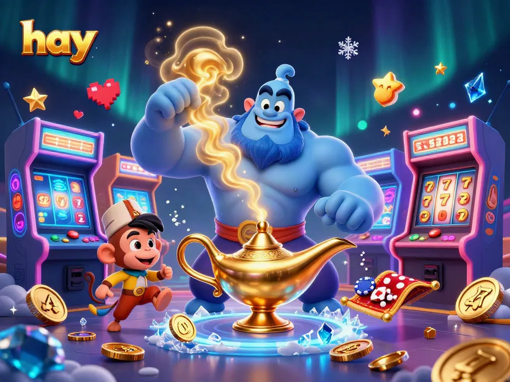 Spin the slots with hay in this vibrant 3D casino illustration featuring genies and magical game elements.