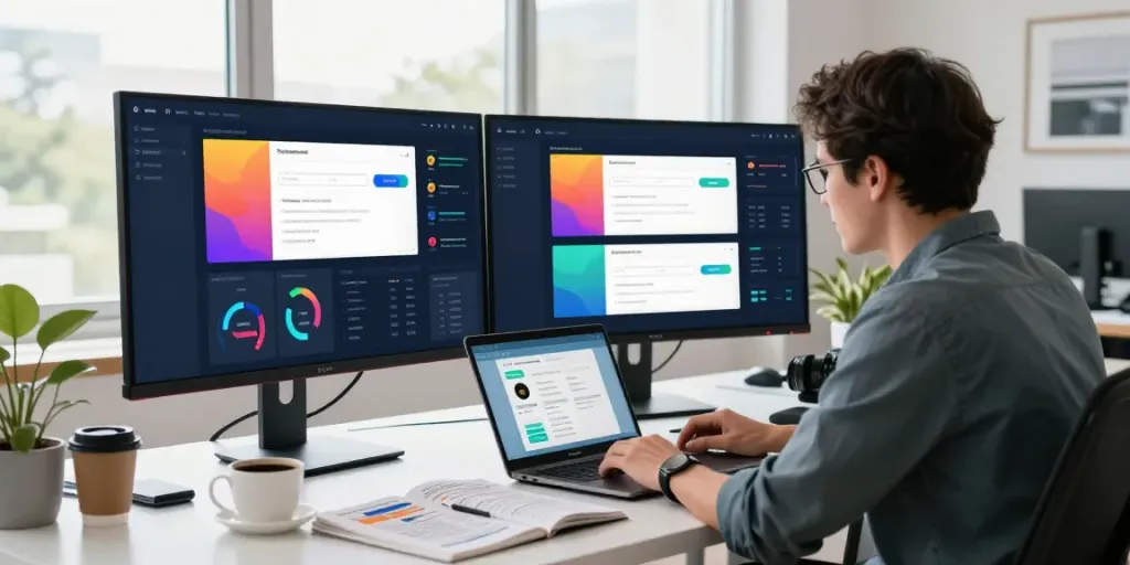 SEO specialist optimizing instant indexing strategies in a modern workspace with dual screens and a productive atmosphere.