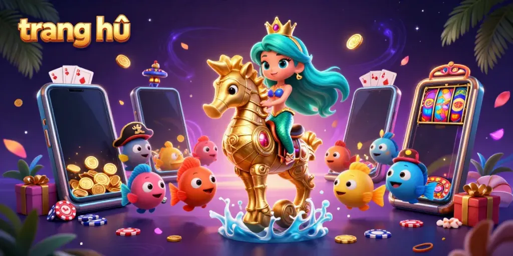 Experience the vibrant gaming world on trang chủ with a mermaid princess and her seahorse friend in a dynamic casino scene.