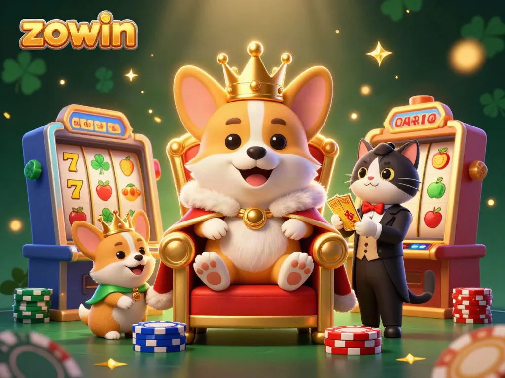 Join the zestful gaming fun at Zowin with a royal corgi and vibrant slot machines!