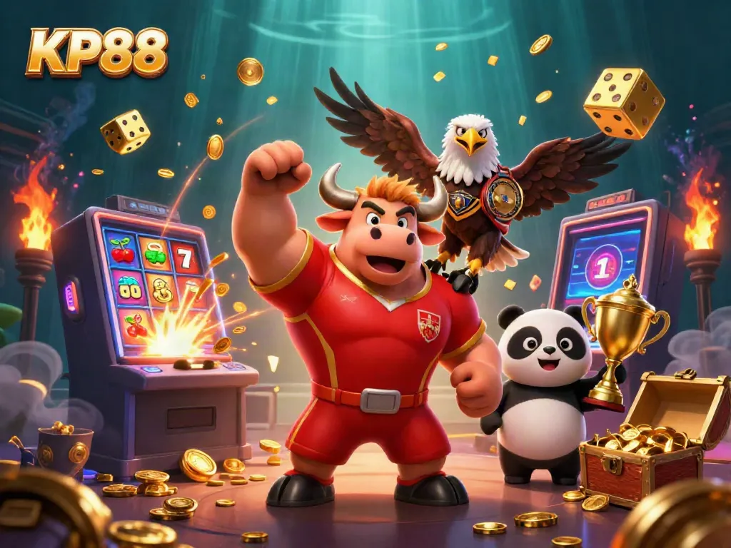Celebrate wins with KP88, a lively scene featuring a bull, eagle, and panda surrounded by casino elements.