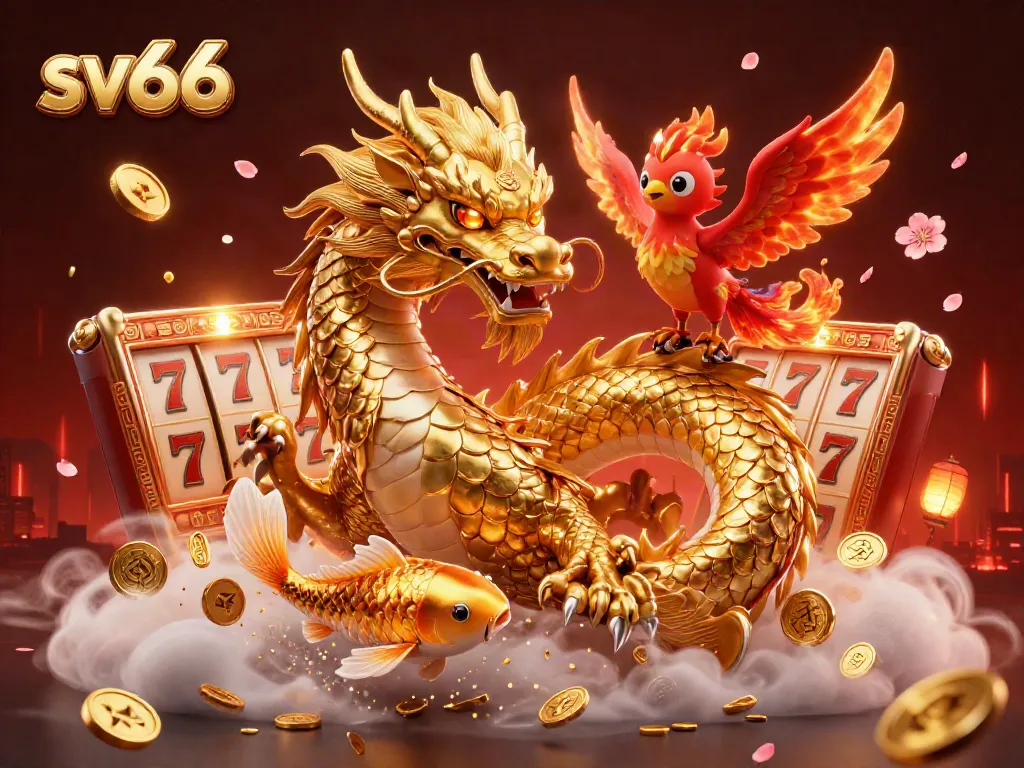 Experience thrilling sv66 gameplay, featuring majestic dragon, phoenix, and koi fish amidst rich casino elements.
