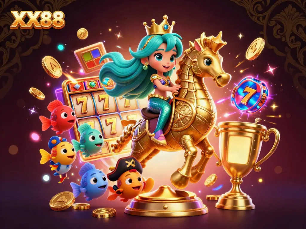 Experience the thrill of winning with XX88's vibrant casino scene featuring a mermaid and jackpot elements.