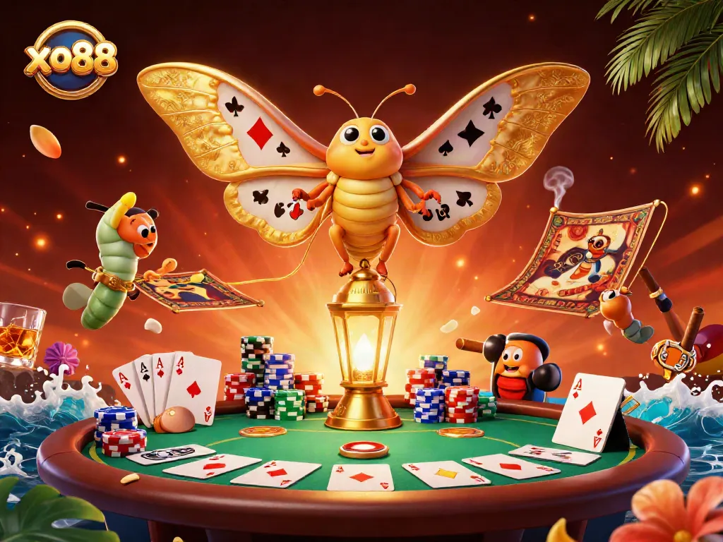 Engage with xo88's vibrant gaming scene featuring a majestic atlas moth and casino elements.