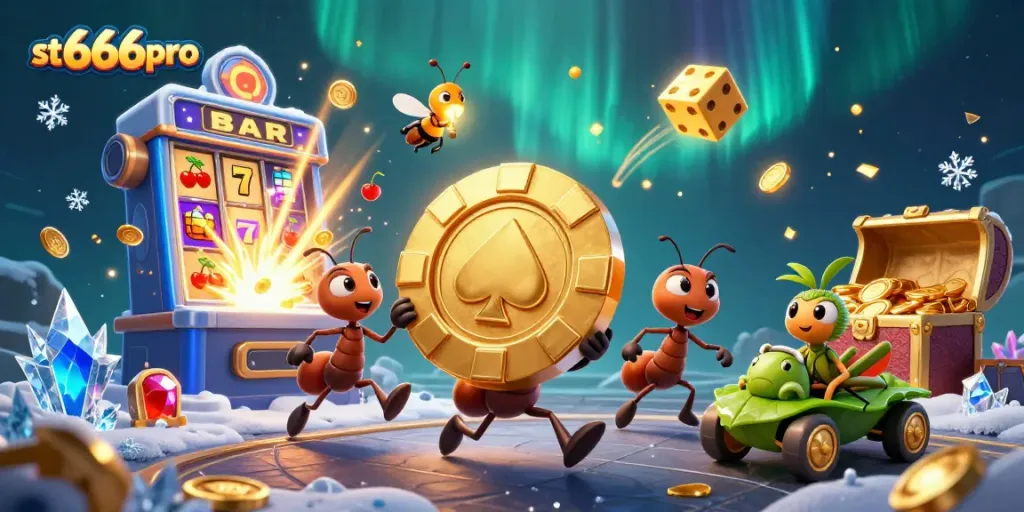 Engage in thrilling gaming at st666pro with ants heisting a giant poker chip amidst explosive slots