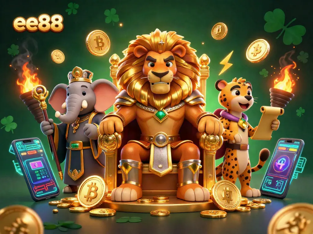 Experience the excitement of ee88 casino with a vibrant illustration of a royal lion, wise elephant, and swift cheetah.