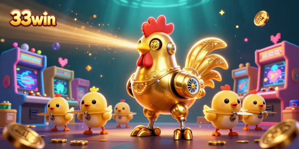 Engage with 33win's exciting gaming atmosphere featuring a golden rooster robot and arcade elements.