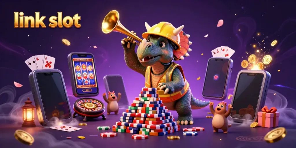 Engage with link slot action in an ultra-detailed 3D illustration of dinosaurs at a vibrant casino.