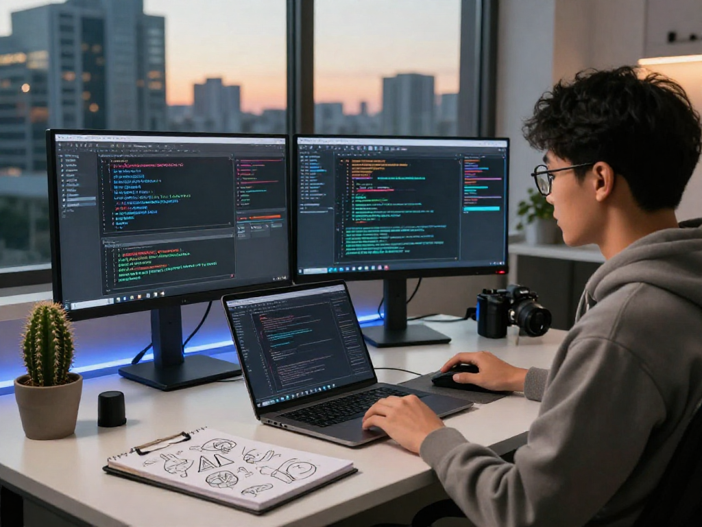 AI developer engaged in nsfw ai chat project, showcasing coding and algorithms in a contemporary workspace.