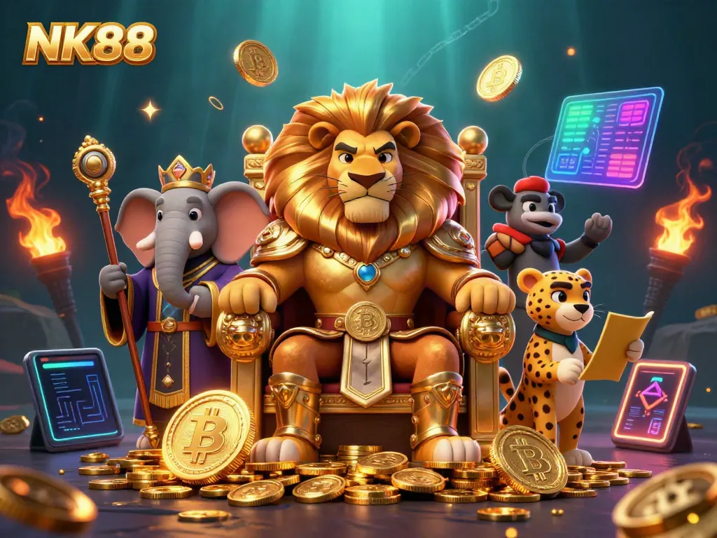 Engage in captivating gameplay with NK88 featuring a majestic lion king and gaming elements.