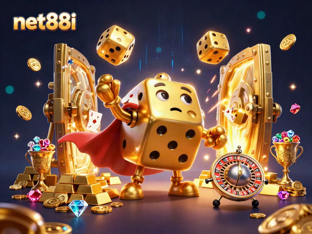 Experience the excitement of net88i's casino scene with dynamic dice and gambling elements.