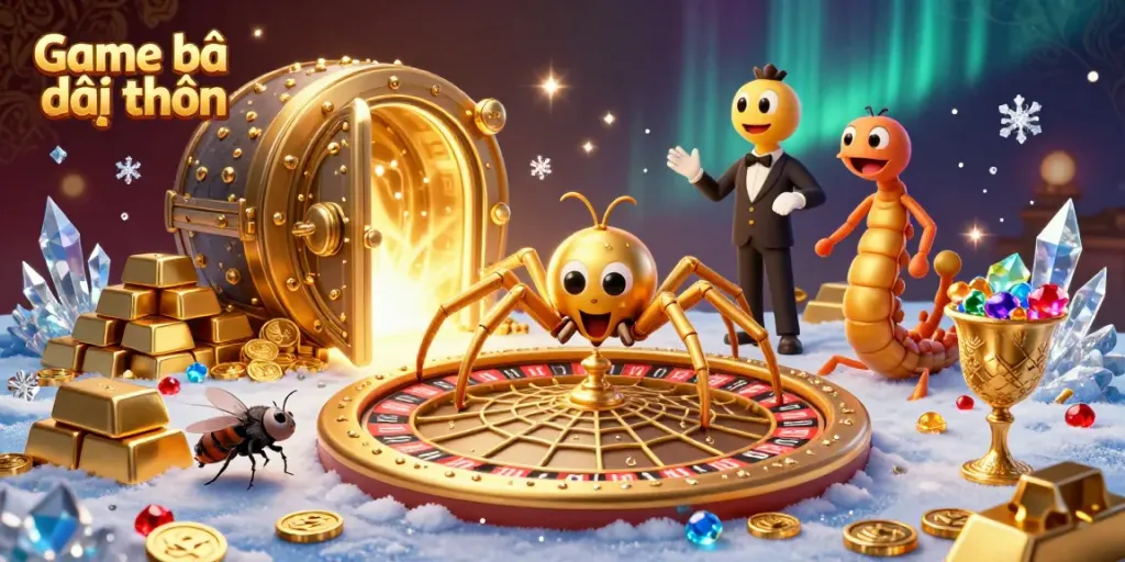 Engage in Game bài đổi thưởng as a golden spider spins a roulette web amidst a rich casino setting.