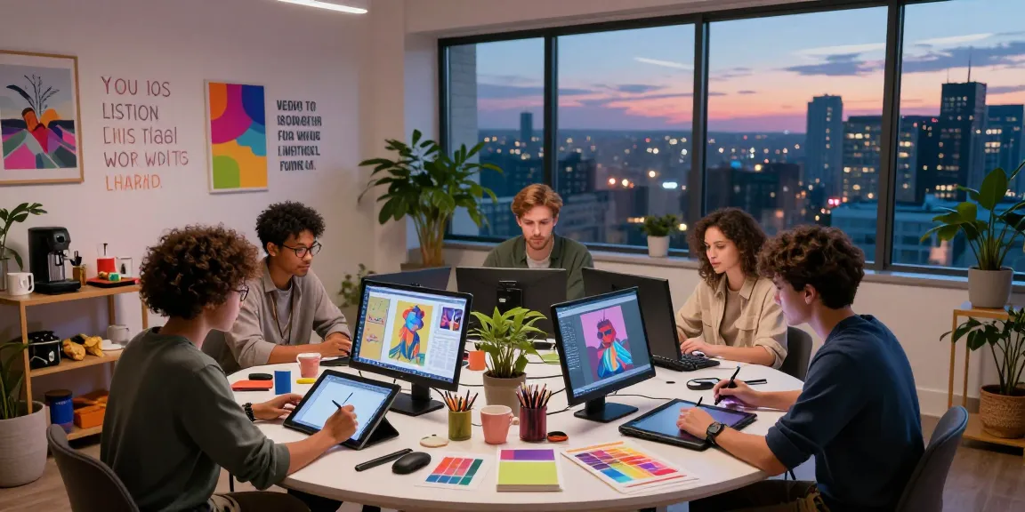 Creative artists collaborating on 18+ ai digital artworks in a modern studio.