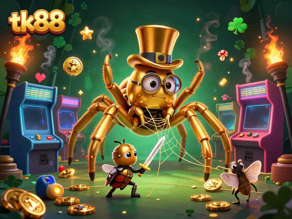Engage in immersive winnings with tk88 as a giant golden tarantula weaves a web of golden thread in a vibrant casino scene.