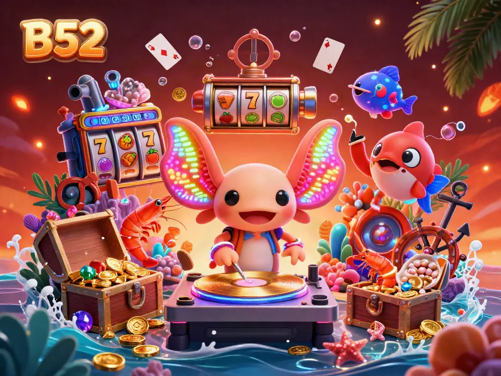 Experience B52 gaming excitement with vibrant underwater visuals featuring DJ axolotl, shrimp dancers, and slot game elements.