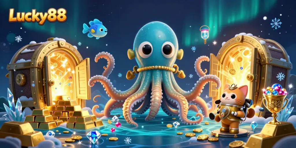 Engage in thrilling experiences at Lucky88 with stunning visuals of a kraken and treasures.