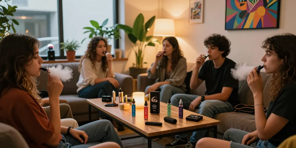Relaxing lounge with friends sharing experiences about thc vape products.