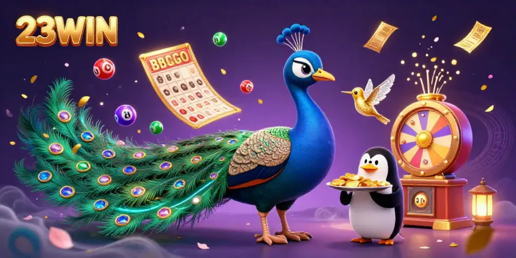 Engage with the vibrant world of 23WIN, featuring dynamic lottery elements and animated characters.