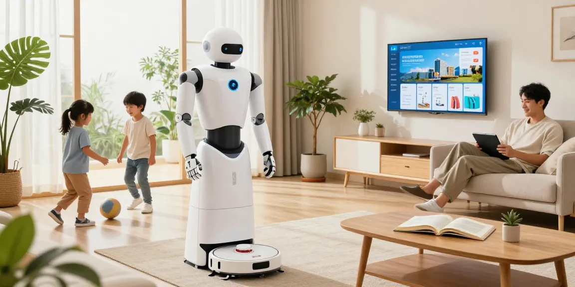 Humanoid home robot helping a family with household chores in a modern living room, showcasing family life and technology integration.