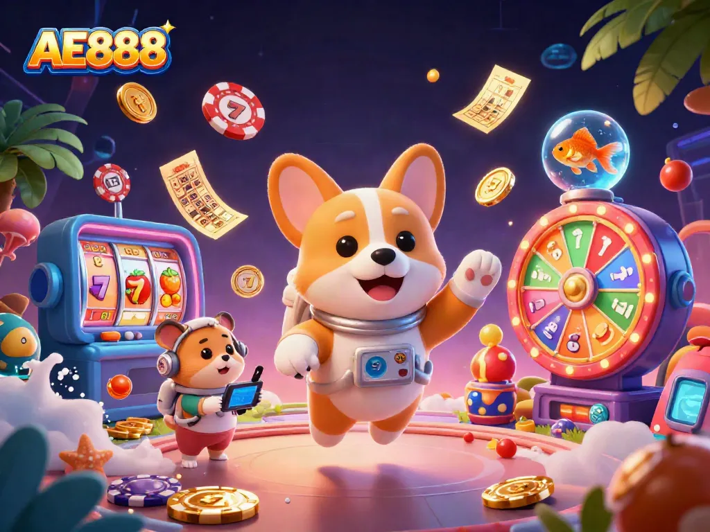 Experience the thrill with AE888 in this colorful casino space scene filled with action and excitement.