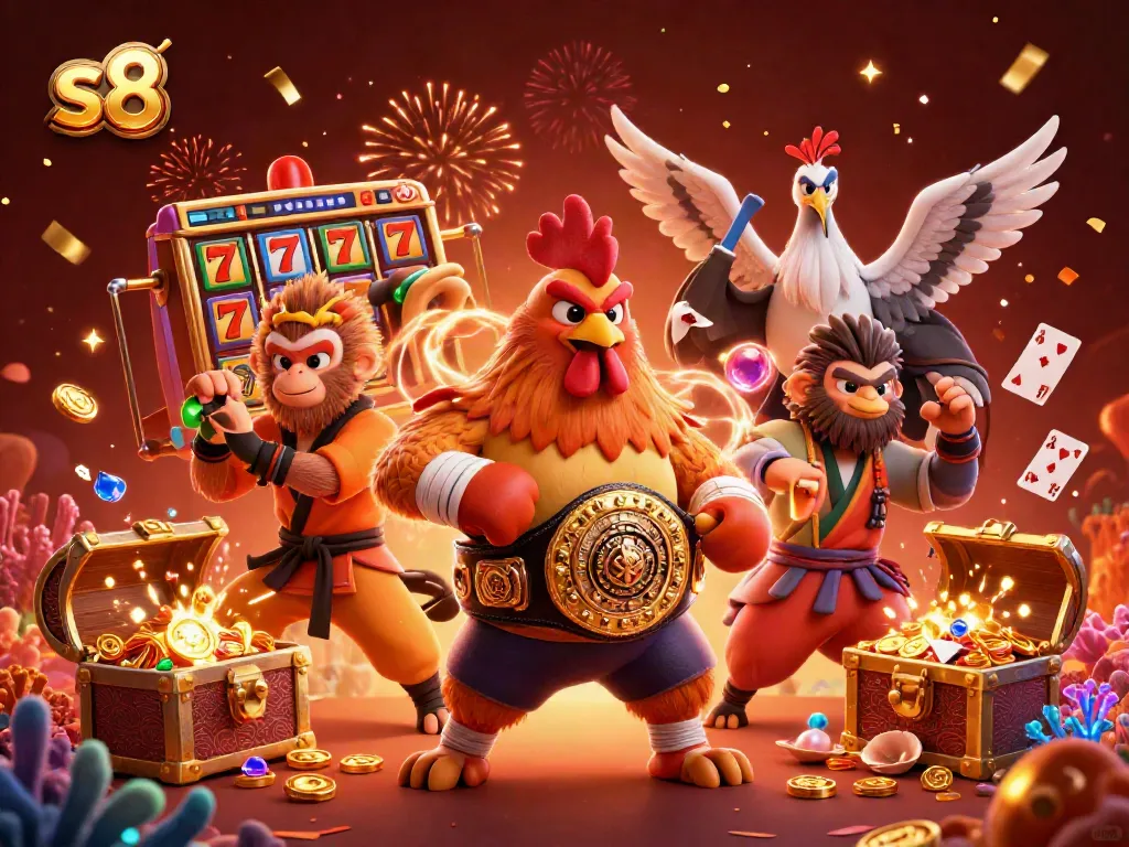 Experience the thrill of s8 with fierce cartoon characters and casino elements in a vibrant scene.