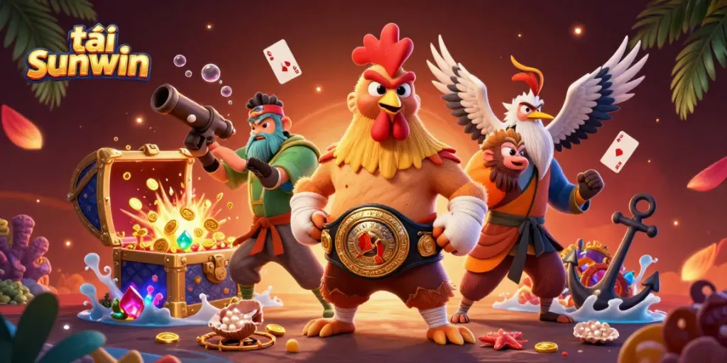 Experience thrilling gameplay with tải sunwin featuring a fierce Muay Thai rooster, a Shaolin monkey, and a wise crane on an exciting casino backdrop.