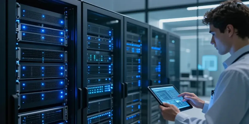 .uk domain registration process visualized in a modern data center, highlighting cloud computing and digital technology.