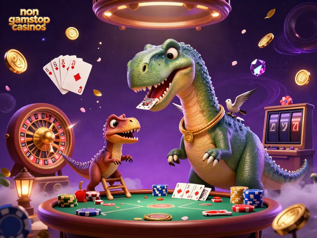 Experience the excitement of non gamstop casinos with a brontosaurus overseeing a lively poker scene, filled with dynamic game elements.
