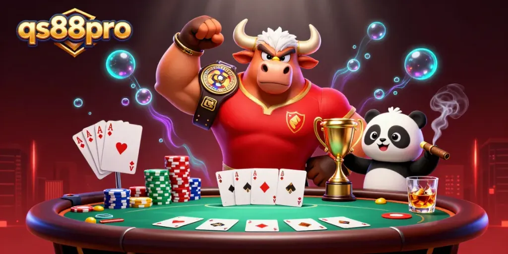Play big with qs88pro in a vibrant casino scene featuring animated characters celebrating with poker elements.